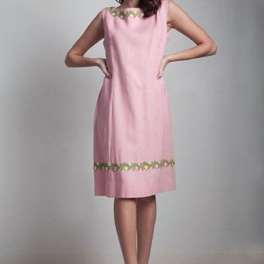vintage 50s pink linen sheath dress sleeveless boat neck rose floral trim LARGE L 