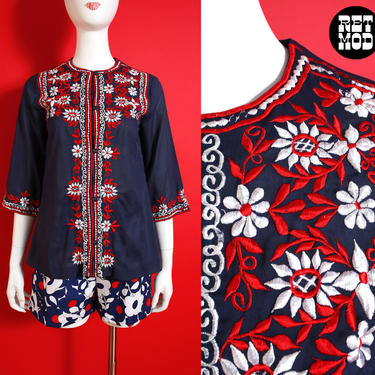 Lovely Vintage 70s Navy Blue Red &amp; White Floral Embroidery Hippie Blouse 