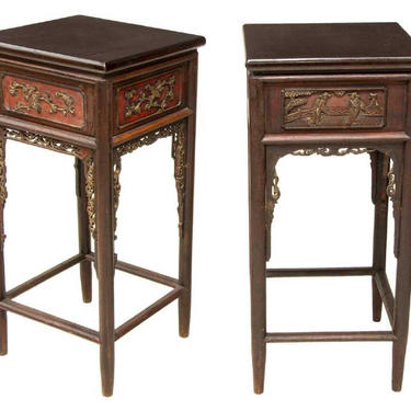Pair of 19th Century Chinese Hand Carved Wooden Tall Side Table / Pedestal Stands  - Asian Antique - circa 1880 
