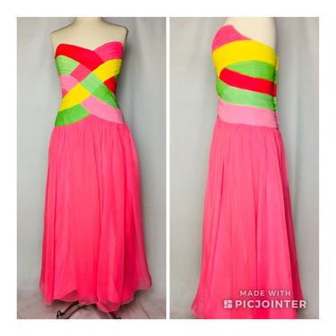 Perfect 1980s Eugene Alexander Fuchsia Lime and Yellow Gown 