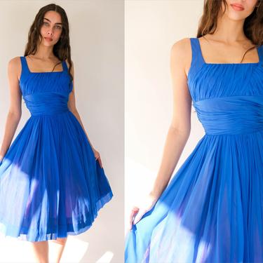 Vintage 50s Cerulean Blue Silk Chiffon Rouged Waist Cocktail Dress | 100% Silk Chiffon | 1950s Designer Party, Prom, Pinup, Evening Dress 