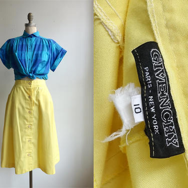 Vintage 70s Givenchy Yellow A Line Skirt/ 1970s High Waisted Button Up Cotton Skirt with Pockets/ Size 26/ Size 