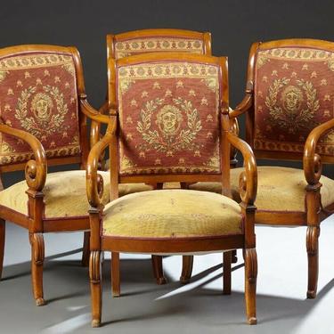 Antique French Empire Carved Cherry Fauteuils | c. 1900 | set of 4