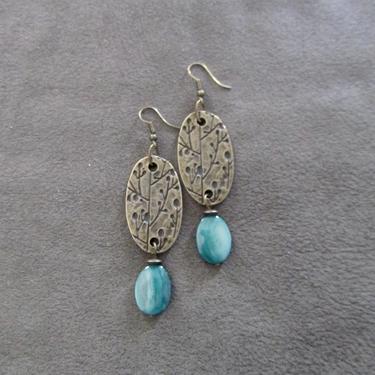 Mother of pearl earrings, teal statement earrings, shell earrings, bohemian earrings, bold earrings, antique bronze earrings, blue earrings 