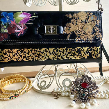 Beautiful Black Leather Wallet Purse. Black and Gold Evening Bag. Black Leather Clutch Purse. 
