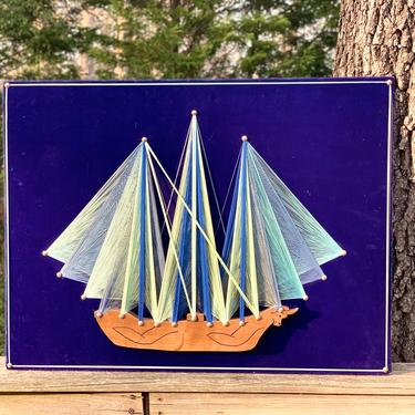 Vintage 1970s MID Century Modern String Art Sailboat Boat Ship On Blue Velvet Board Wall Art 