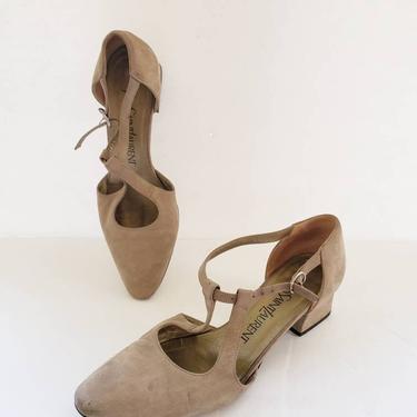 1990s YSL Shoes Sandals Mary Janes Beige Suede / 90s Designer T Strap Shoes Chunky Heel Greige Taupe Yves Saint Laurent / Size 5.5 / Inez 