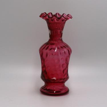 vintage cranberry coin dot vase with ruffled edge 