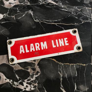Vintage Porcelain Sign ALARM LINE red and white with brass grommets Mid-Century Bldg Fire Code 