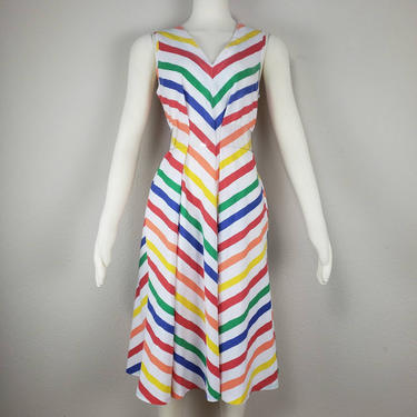 vintage dress rainbow dress chevron pattern pride dress multicolor dress sleeveless dress dress with pockets 80s dress 1980s dress striped 