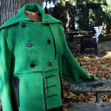 RARE! 1960s Hudson's Bay Point Blanket Coat - Vintage Double Breasted Heavy, Kelly Green Wool Hooded Coat - Made in England | FREE SHIPPING 