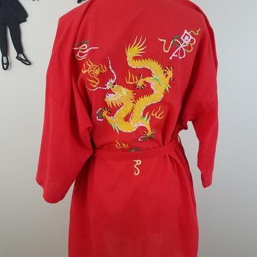 Vintage 1970's Dragon Kimono / 70s Red Robe 