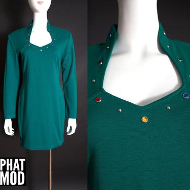 Iconic Vintage 80s 90s Green Tight Party Dress with Colorful Gripoix Rhinestones 