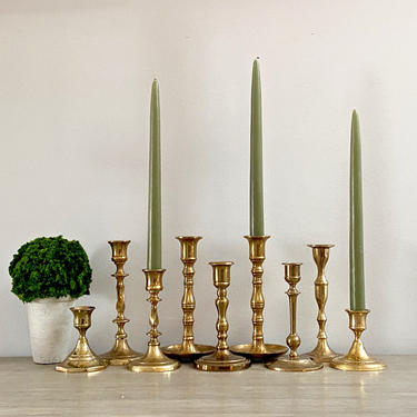 Brass Candlestick Set of 9 Rustic Patinated Candle Holder Collection Wedding Table Decor 