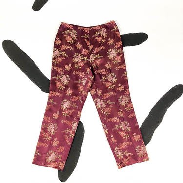 90s Burgundy Brocade Silky Cropped Pants / Capri Pants / High Waist / y2k / Size 6 / Deep Red / 00s / Clueless / Metallic / Floral 