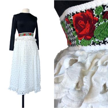 Vintage black & white eyelet maxi dress| rose embroidered waistband with ruffle| long sleeve XS| late 60s early 70s 