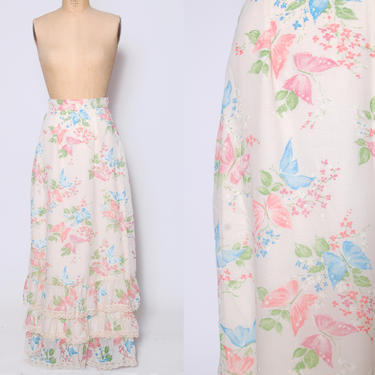 Vintage 70s butterfly print maxi skirt / pastel floral print hippie skirt / cottagecore lace trim skirt / printed maxi skirt / boho skirt 