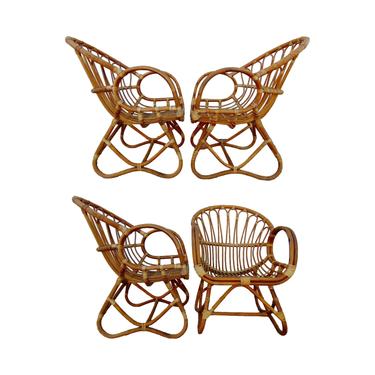 Set of Four Vintage Franco Albini Style Rattan Lounge Chairs or Dining Chairs 
