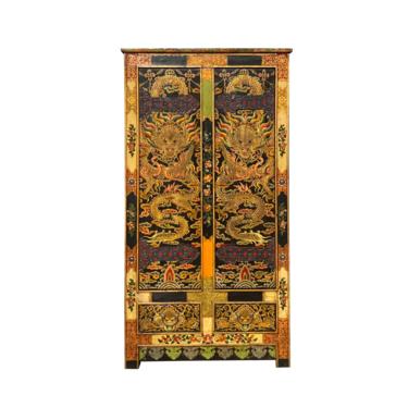 Chinese Tibetan Double Dragons Treasure Tall Armoire Wardrobe Cabinet cs7103E 