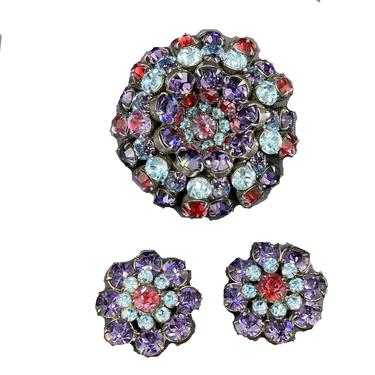 Schreiner Purple Blue and Pink Rhinestone Brooch and Earrings