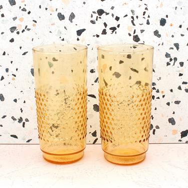 Vintage 1970s Amber Glass Hobnail Drinking Glasses - Fall Thanksgiving Tumbler Glasses - Set/2 