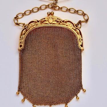 Antique French (Marked) Art Nouveau Vermeil Chainmail Chatelaine Bag, Antique Gold Mesh Purse, Edwardian Mesh Purse, Bridal Gilt Purse 