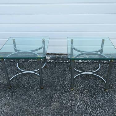 Hollywood Regency Mid Century Pair of Chrome Glass Top Side Tables 2287