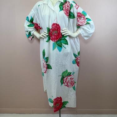 Vtg 1980s Clovis Ruffin white cotton floral kaftan dress 