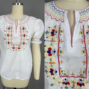 1960s Embroidered Peasant Blouse | Vintage 60s 70s White Top with Smocked Details | small / medium 