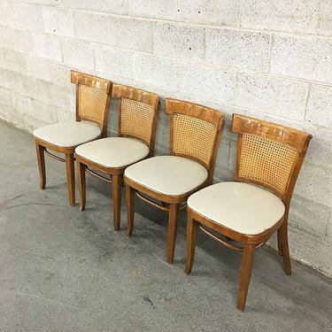 LOCAL PICKUP ONLY Vintage Dining Chairs 1960s Retro Mid Century Modern Brown Wood + Cane 4 Matching Vinyl Kitchen Chairs By Oakwood 