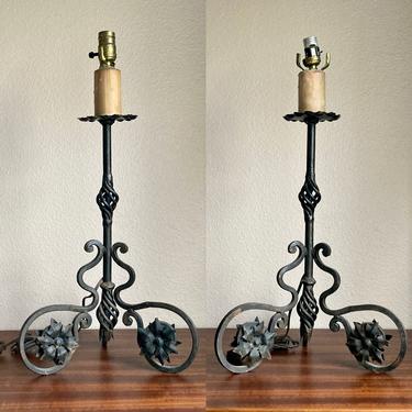 AS IS Pair of Vintage Spanish Revival Style Wrought Iron Scroll Table Lamps 