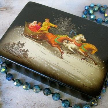 Vintage Russian Lacquer Box By Fedoskino, 1979 Signed By Artist, Horses Troika Snow Scene, Made In USSR Black Red Box 