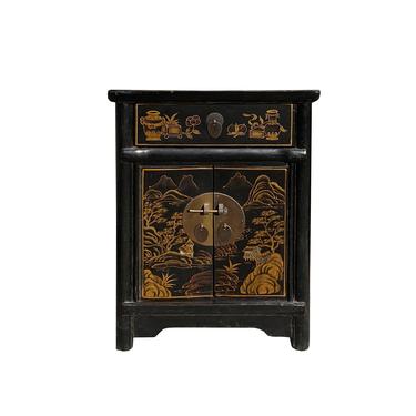 Chinese Distressed Black Golden Scenery Graphic End Table Nightstand cs7176E 