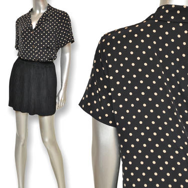 Vintage Black Silk Button Front Blouse with Beige Polka Dots Womens Size Small 