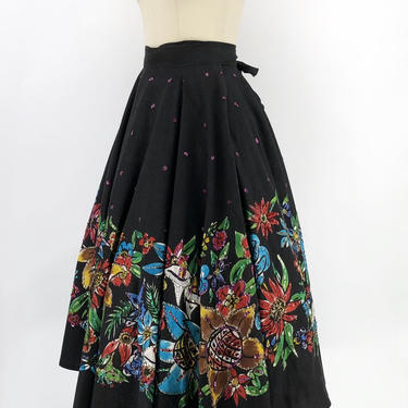 1950's Mexican Painted &amp; Sequin Cotton Circle Skirt 