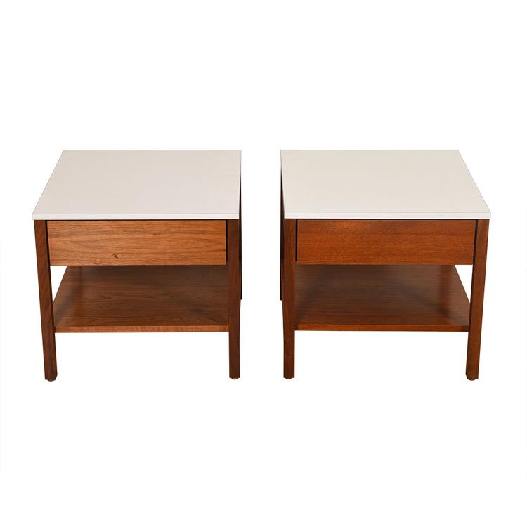 Pair of Mid Century Walnut White Top Nightstands / Side Tables by Knoll