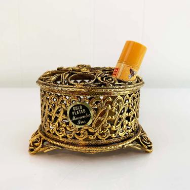 True Vintage Lipstick Holder Mementos Inc Gold Plated Metal Cosmetics Vanity Makeup Stand Mid-Century Retro Ornate Old Hollywood Glam 1950s 