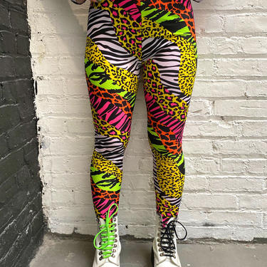 Neon Animal Print Leggings-Leopard Zebra Leggings-Yoga Leggings-Unisex Animal Print Leggings-Rave Leggings-Burning Man-Mens Leggings-Drag 