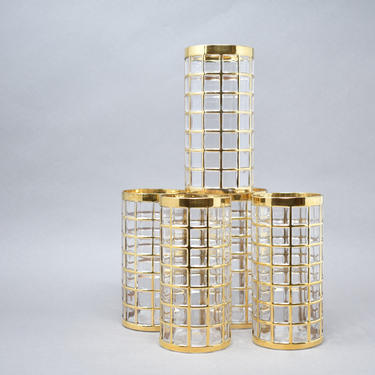 22k Mid-Century Windowpane High Ball | Gold Tumblers Imperial Glass Toril de Oro | Set of 5 | Shoji-Style Luxury Drinkware Bar Gift for Him 