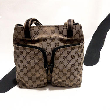 90s Gucci Authentic GG Pattern Canvas Weave Double Zipper Handbag / Purse / Vintage / Leather / Tote / Beige / y2k / Designer / Italy / 