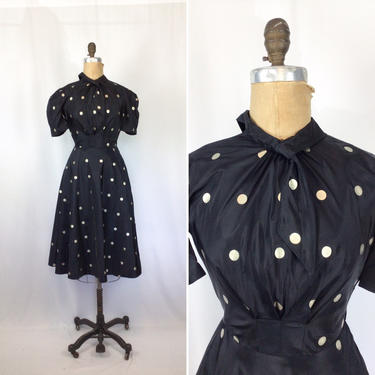 Vintage 30s dress | Vintage blue taffeta polka dot dress | 1930s navy silver fit and flare dress 