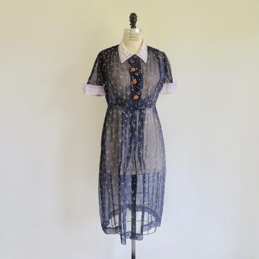Vintage 1930's Navy Blue and White Print Day Dress Organza White Peter Pan Collar and Cuffs Bakelite Buttons French Maid 32&amp;quot; Waist Medium 