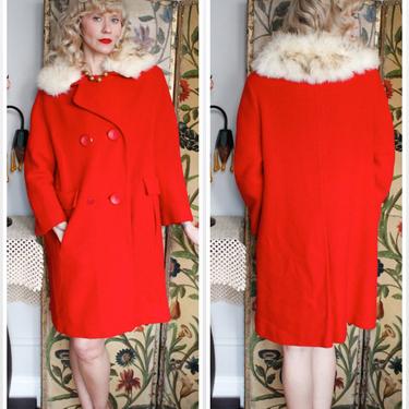 1960s Coat // Vibrant Red Wool Coat & Fur collar // vintage 60s coat 
