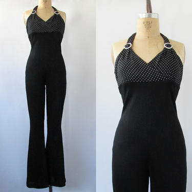 SEXY SEVENTIES Vintage 70s Jumpsuit | 1970s Frederick's Of Hollywood Black &amp; White Polka Dot Halter Top Flared Pant Onesie | Small, Medium 