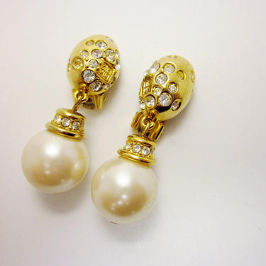 Vintage 1980s Givenchy Faux Pearl and Rhinestone Chunky Glamorous Designer Clip On Earrings 