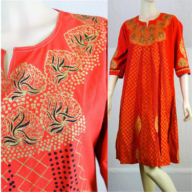 Vintage Indian tunic dress in red and gold lightweight block print fabric, beach cover up, katfan, kurti, cotton loose flowy summer dress 