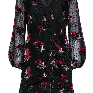 Shoshanna - Black & Red Velvet Floral Print & Polka Dot Ruched Dress Sz 8P