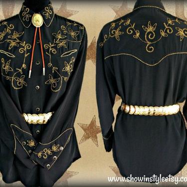 A.B.S. of California Vintage Women's Western Shirt, Rodeo Queen Blouse, Embroidered Gold Floral Designs, Approx. Medium (see meas. photo) 