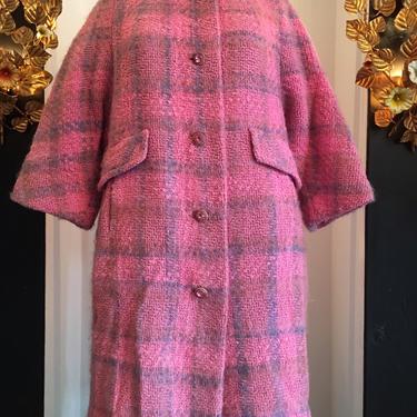 Vintage 50s coat, 1950s wool coat  pink plaid coat  rhinestone buttons, mrs maisel style, 50s mohair coat, 36 38 bust, medium 