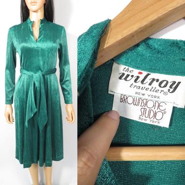 Vintage 70s Green Velvet Disco Diva Fit And Flare Long Sleeve Dress Size M 